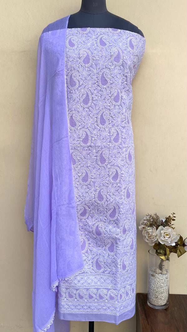 Lucknowi Chikankari Suit Length 3 Piece Purple Cotton With Jaali Work