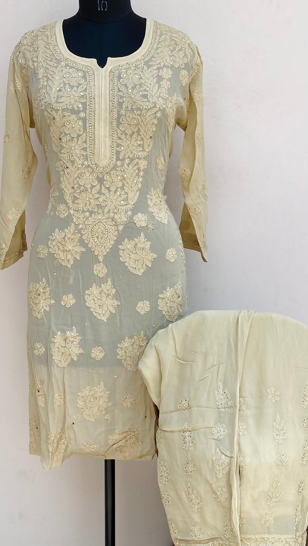 Lucknowi Chikankari Co-ord Set Beige Pure Georgette With Resham & Mukaish Work