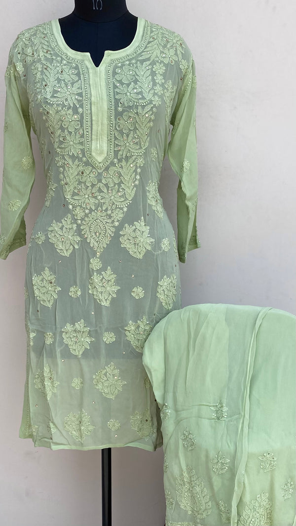 Lucknowi Chikankari Co-ord Set Parrot Green Pure Georgette With Resham & Mukaish Work