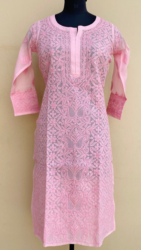 Lucknowi Chikankari Self Kurti Pink Cotton With Jaali Work