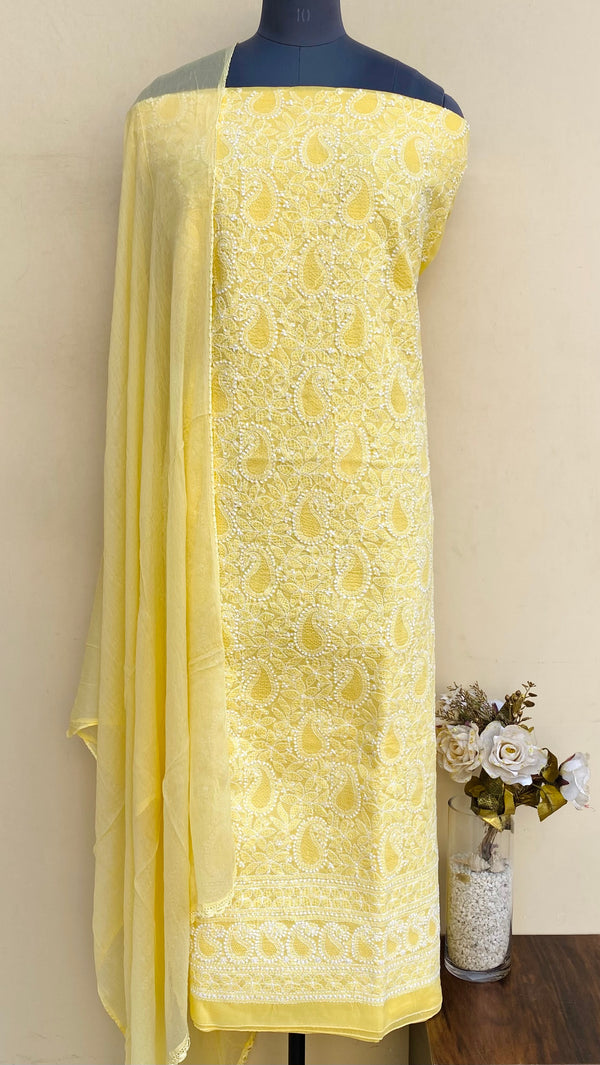 Lucknowi Chikankari Suit Length 3 Piece Yellow Cotton With Jaali Work