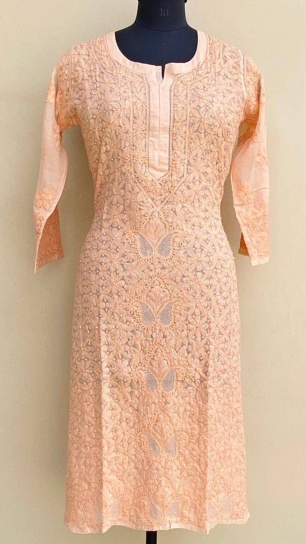 Lucknowi Chikankari Self Kurti Peach Cotton With Jaali Work