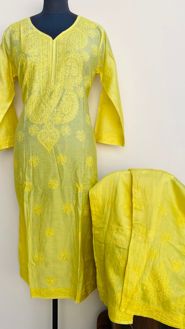 Lucknowi Chikankari Co-ord Set Yellow Mal Chanderi