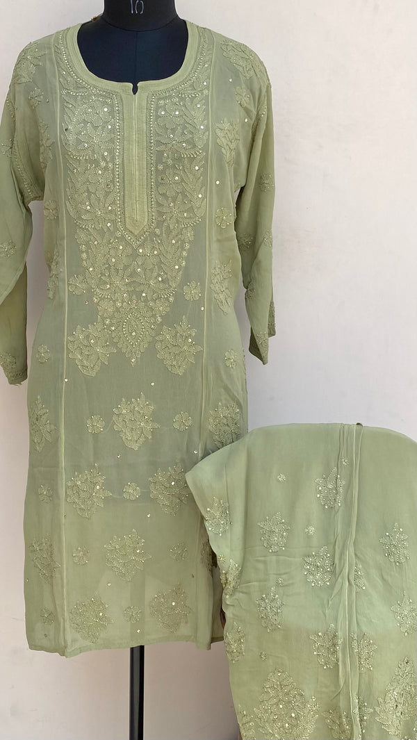 Lucknowi Chikankari Co-ord Set Green Pure Georgette With Resham & Mukaish Work