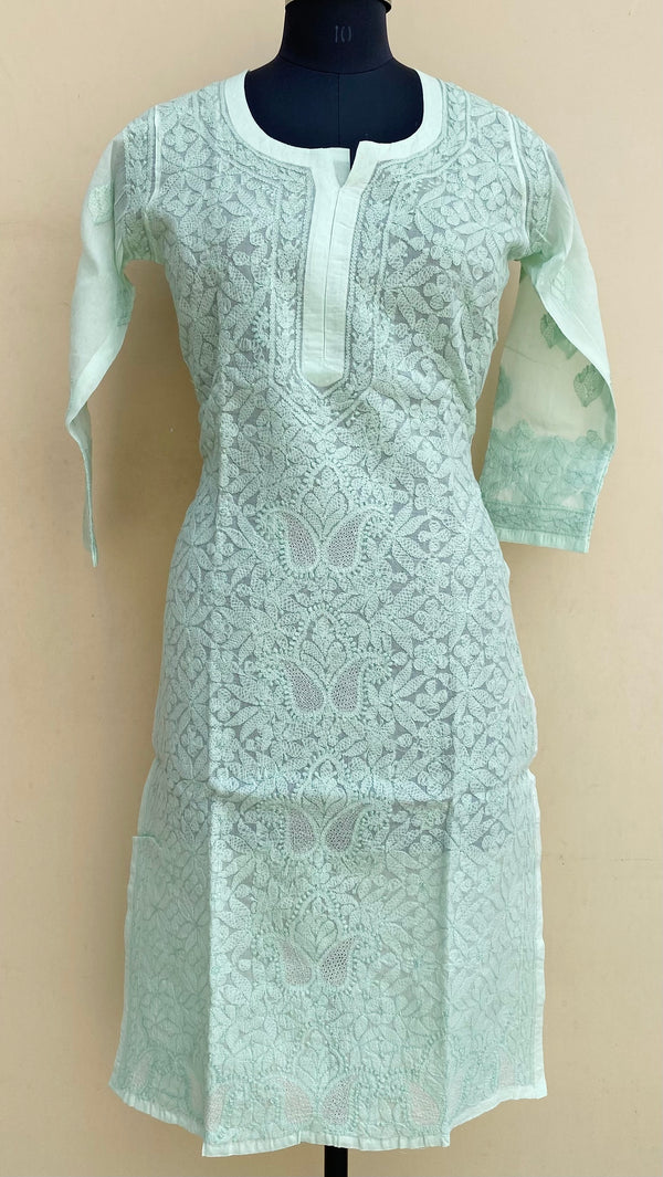 Lucknowi Chikankari Self Kurti Sea Green Cotton With Jaali Work