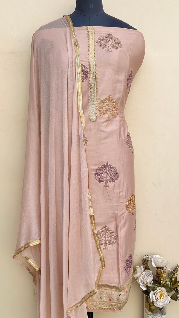 Designer Embroidered Suit Length 3 Piece Brown Mal Cotton