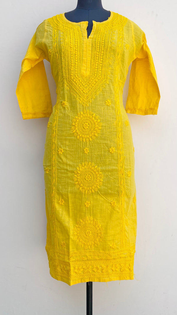 Lucknowi Chikankari Kurti Yellow Linen With Self Work