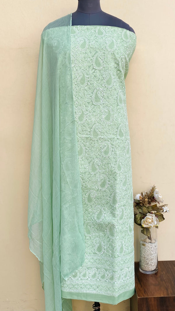 Lucknowi Chikankari Suit Length 3 Piece Teal Green Cotton With Jaali Work