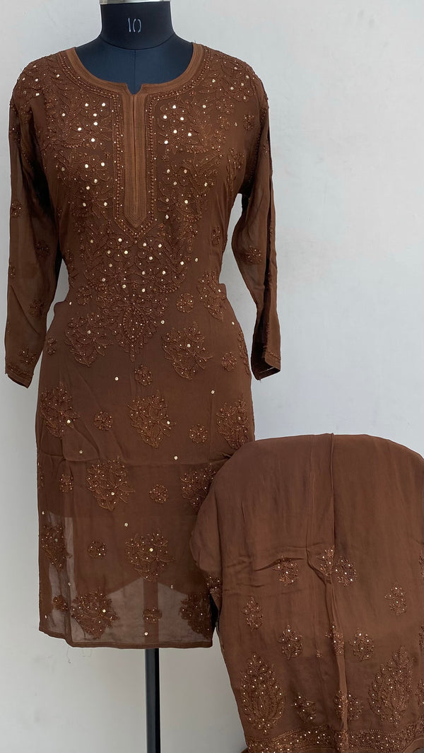 Lucknowi Chikankari Co-ord Set Brown Pure Georgette With Resham & Mukaish Work