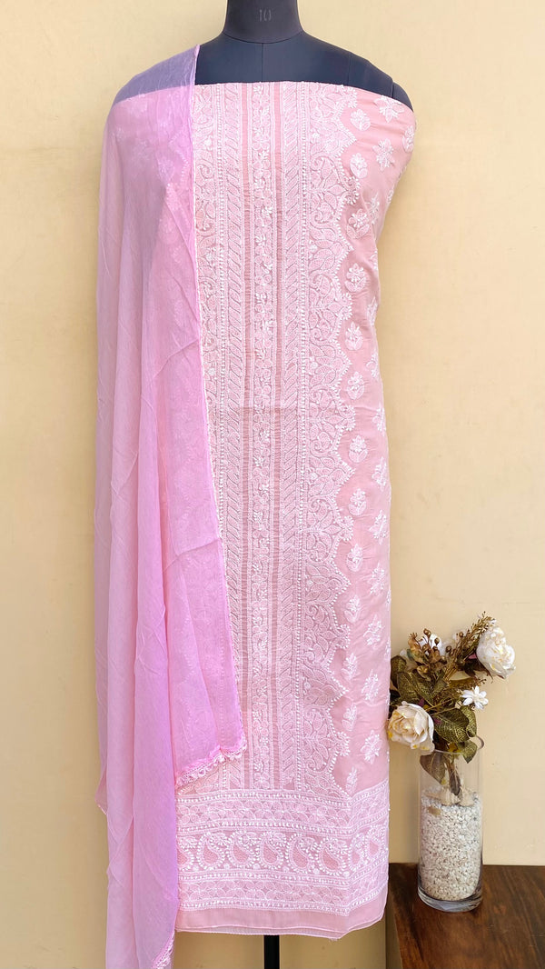 Lucknowi Chikankari Suit Length 3 Piece Pink Cotton With Jaali Work