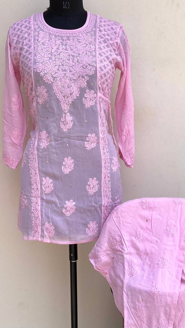 Lucknowi Chikankari Co-ord Set Pink Pure Georgette With Resham & Mukaish Work
