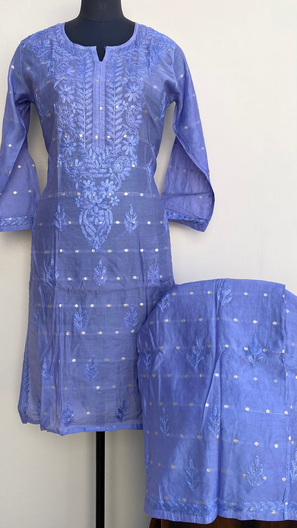 Lucknowi Chikankari Co-ord Set Purple Mal Chanderi With Self Work