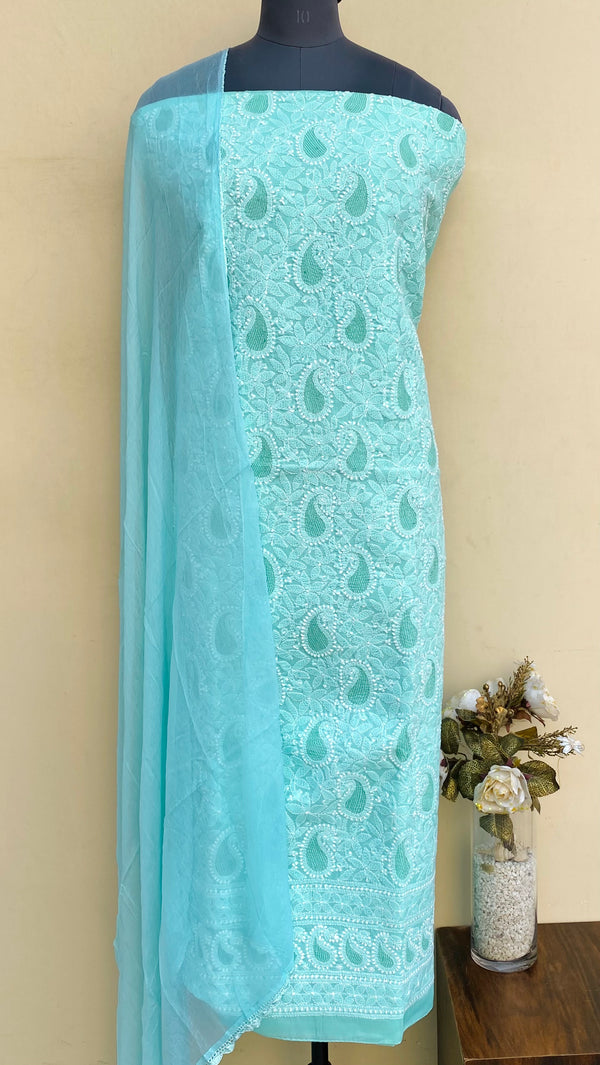 Lucknowi Chikankari Suit Length 3 Piece Sea Green Cotton With Jaali Work