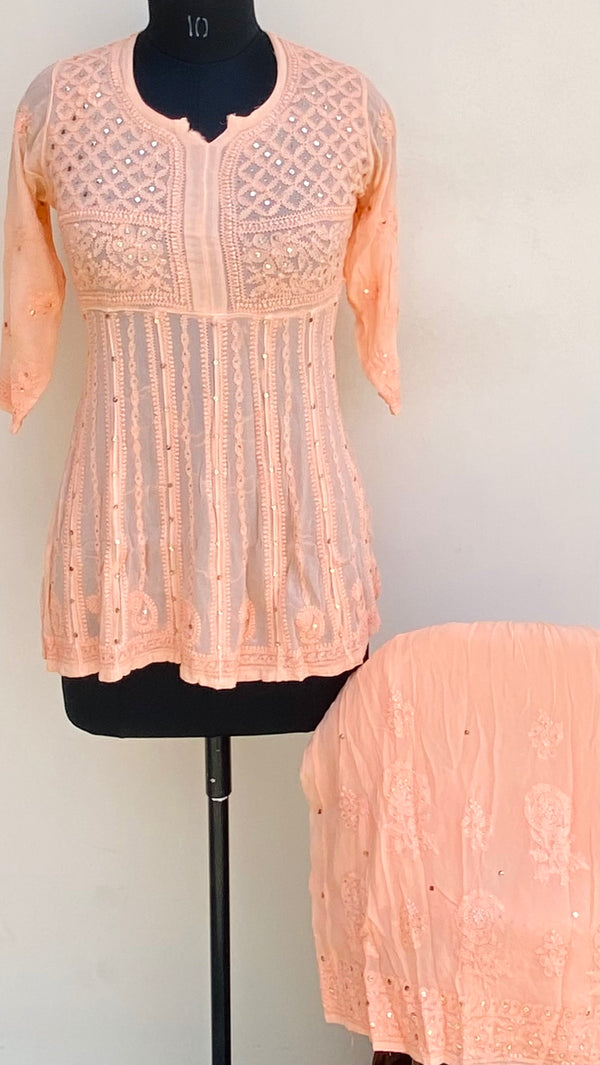Lucknowi Chikankari Co-ord Set Peach Pure Georgette With Resham & Mukaish Work