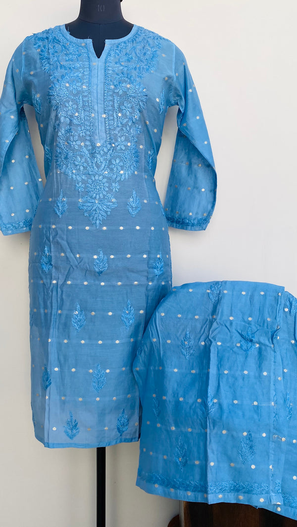 Lucknowi Chikankari Co-ord Set Blue Mal Chanderi With Self Work