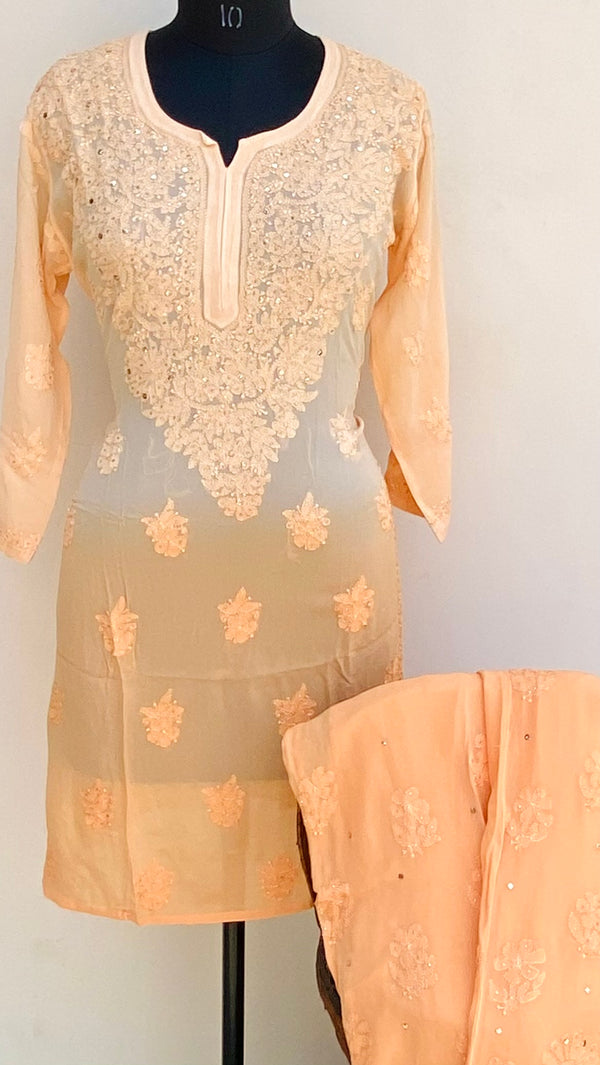 Lucknowi Chikankari Ombre Co-ord Set Peach Pure Georgette With Resham & Mukaish Work