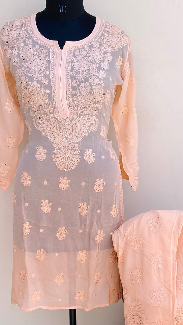 Lucknowi Chikankari Ombre Co-ord Set Peach Pure Georgette With Resham & Mukaish Work