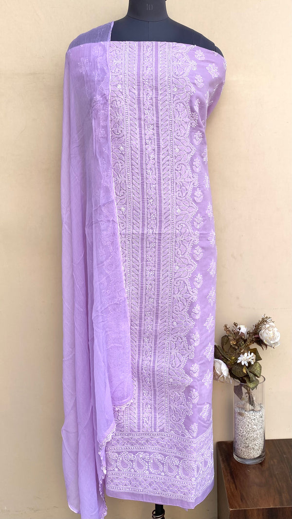 Lucknowi Chikankari Suit Length 3 Piece Purple Cotton With Jaali Work