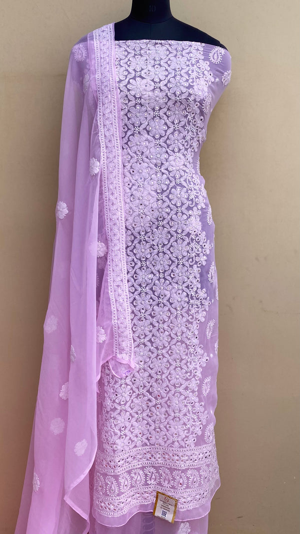 Lucknowi Chikankari Suit Length 3 Piece Pink Georgette With Mirror Work