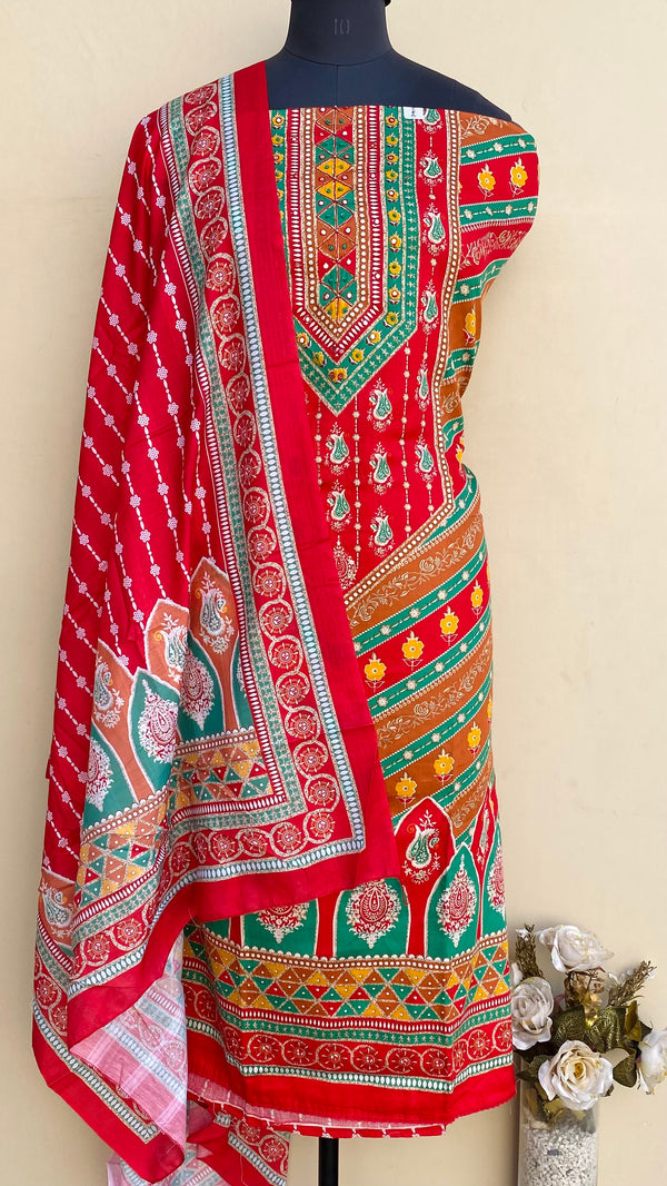 Designer Embroidered Suit Length 3 Piece Red Mal Cotton With Mirror Work