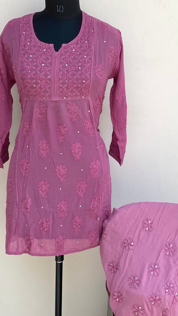 Lucknowi Chikankari Co-ord Set Pink Pure Georgette With Resham & Mukaish Work