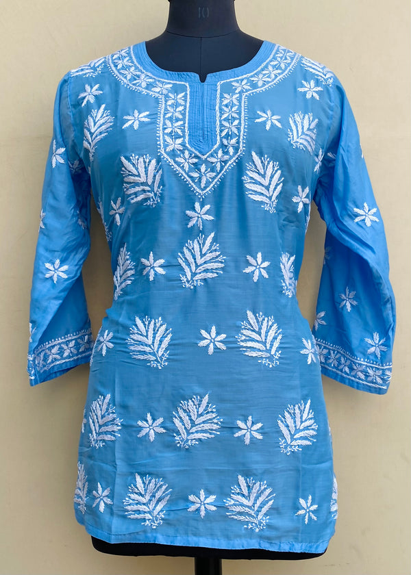 Lucknowi Chikankari Short Kurti Blue Muslin Cotton