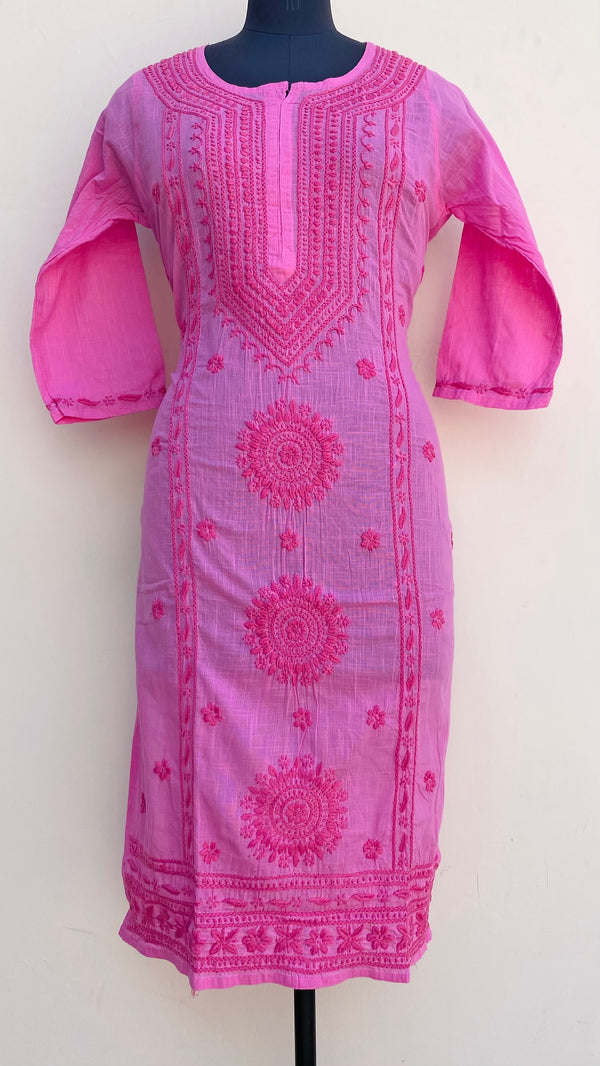 Lucknowi Chikankari Kurti Pink Linen With Self Work
