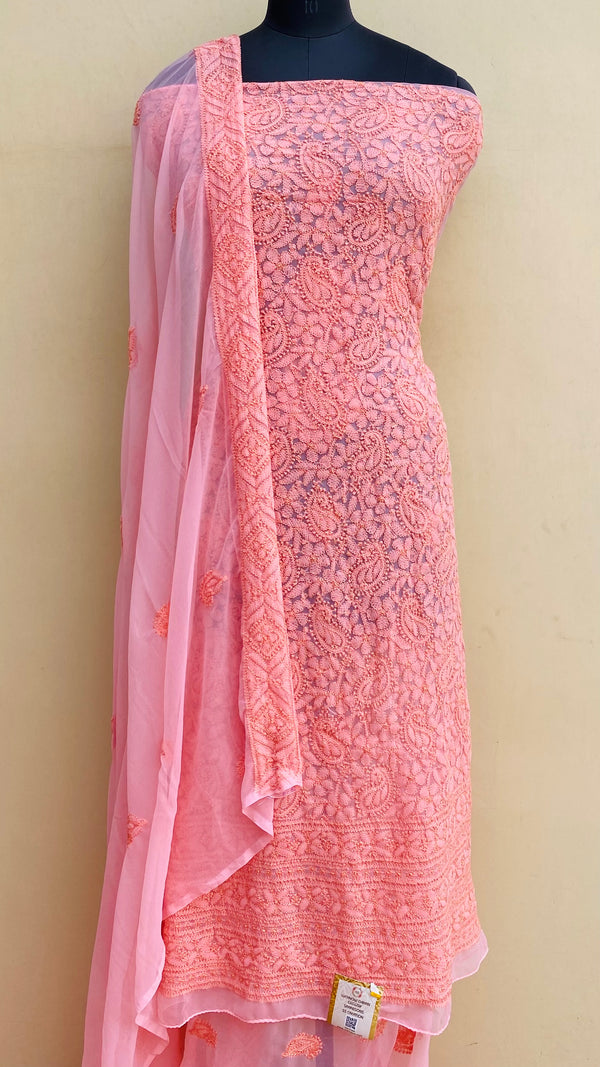 Lucknowi Chikankari Suit Length 3 Piece Peach Georgette