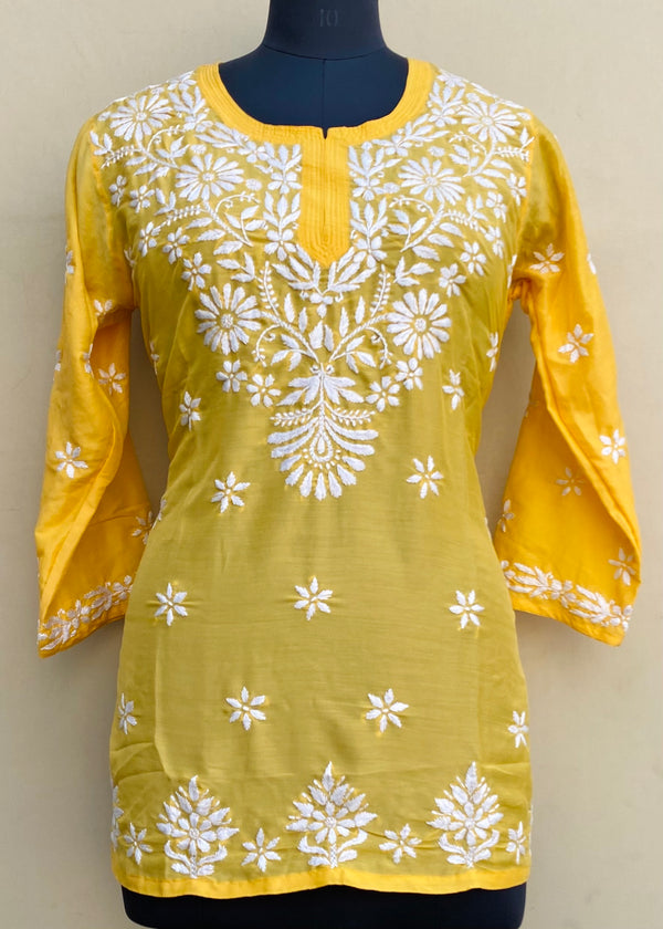 Lucknowi Chikankari Short Kurti Yellow Muslin Cotton