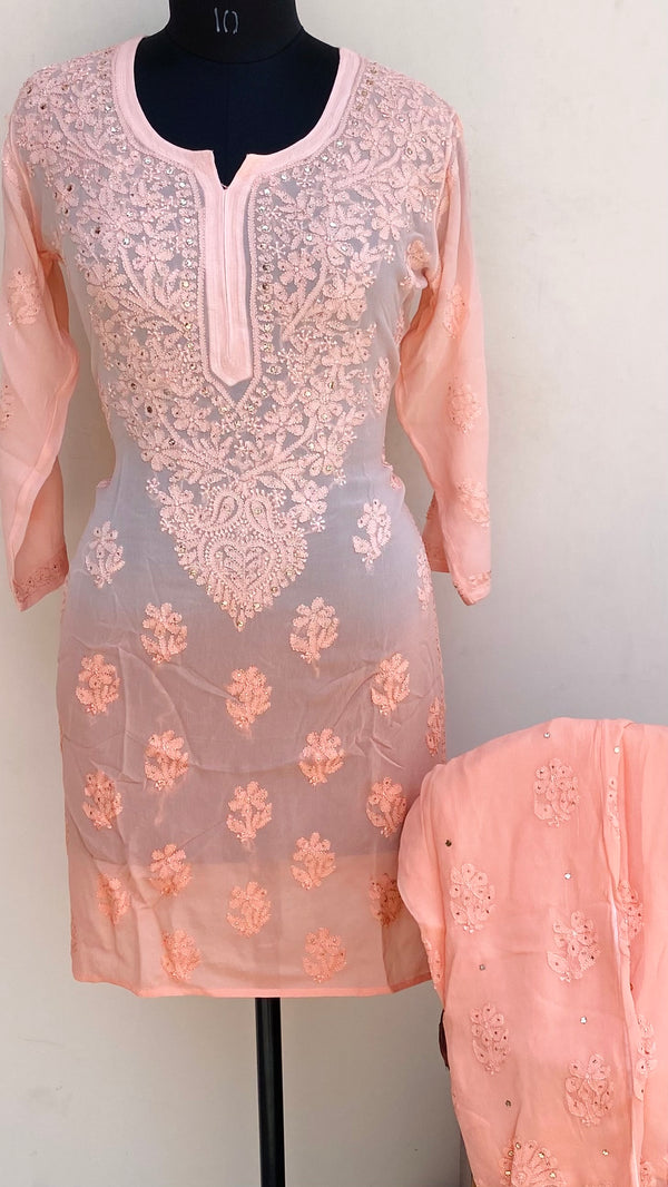 Lucknowi Chikankari Ombre Co-ord Set Peach Pure Georgette With Resham & Mukaish Work