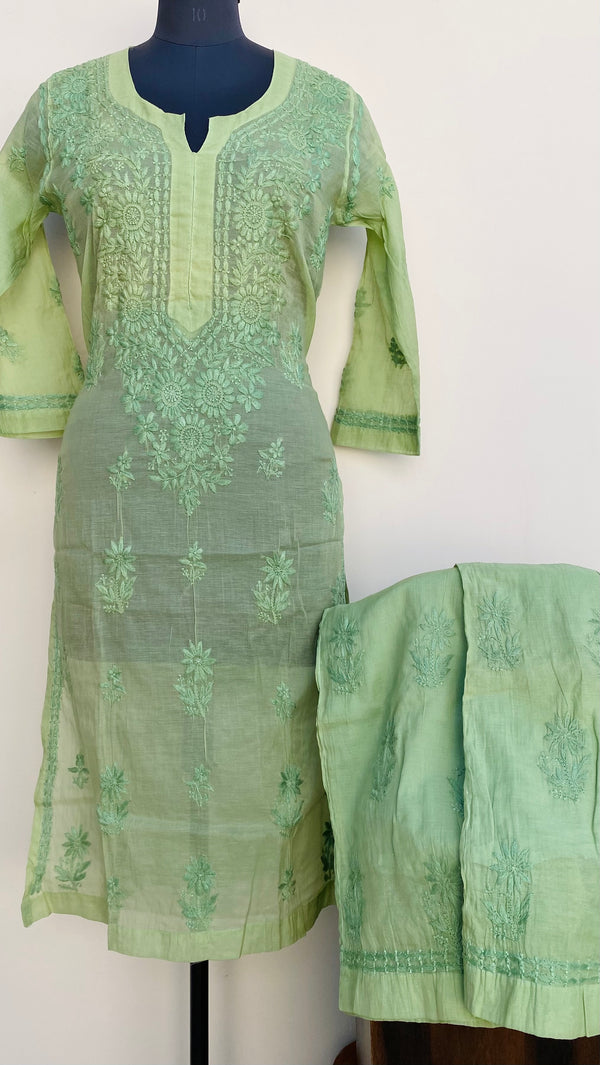 Lucknowi Chikankari Co-ord Set Green Mal Chanderi With Self Work