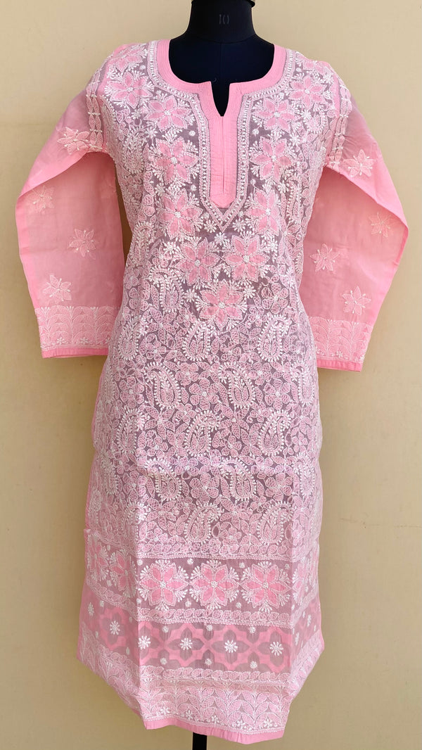 Lucknowi Chikankari Kurti Pink Cotton With Applique Work