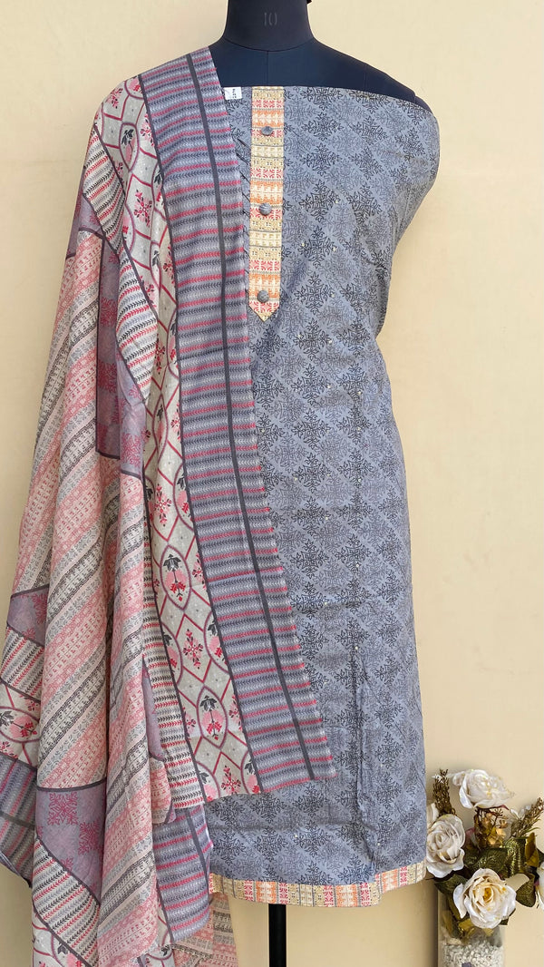 Designer Embroidered Suit Length 3 Piece Gray Mal Cotton