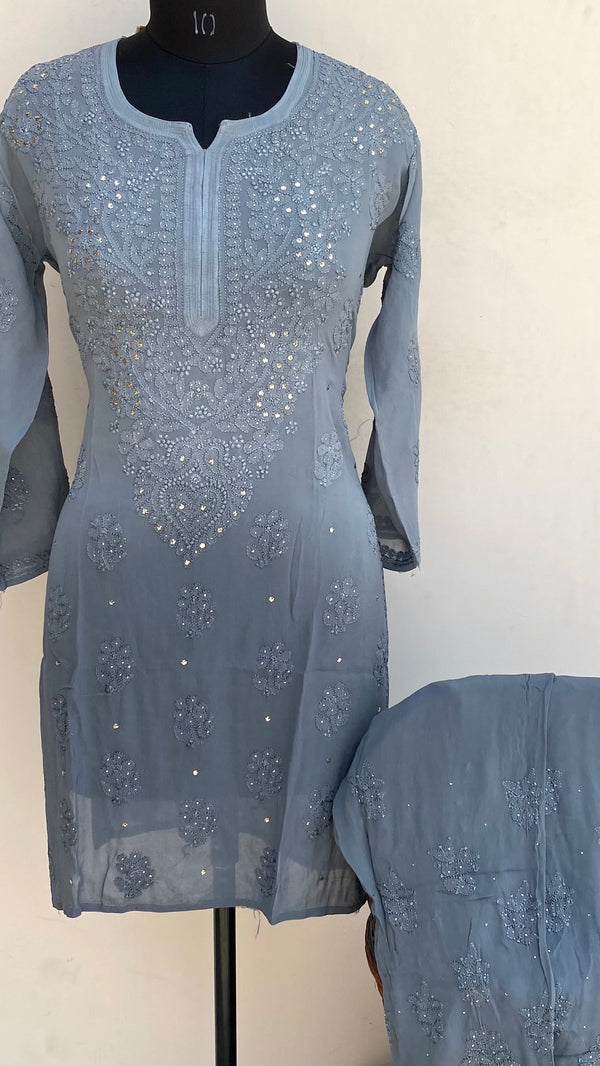 Lucknowi Chikankari Ombre Co-ord Set Gray Pure Georgette With Resham & Mukaish Work