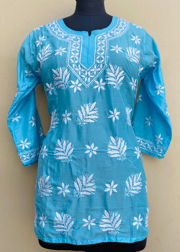 Lucknowi Chikankari Short Kurti Blue Muslin Cotton