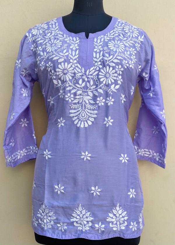 Lucknowi Chikankari Short Kurti Purple Muslin Cotton