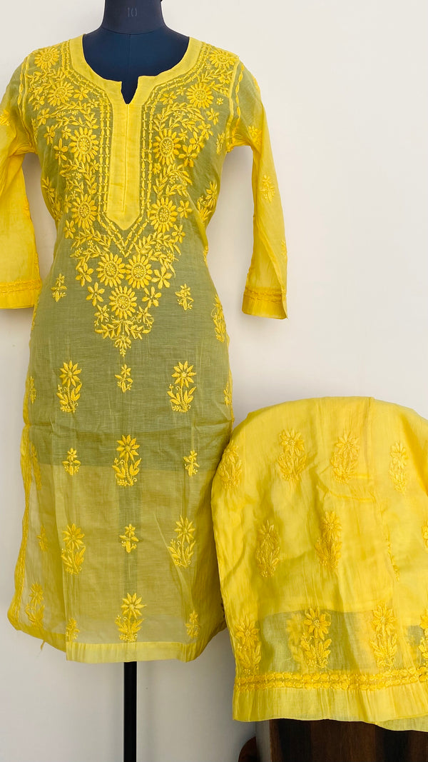 Lucknowi Chikankari Co-ord Set Yellow Mal Chanderi With Self Work