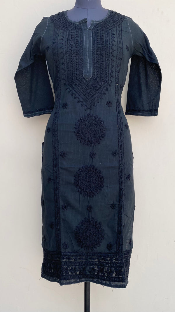 Lucknowi Chikankari Kurti Black Linen With Self Work
