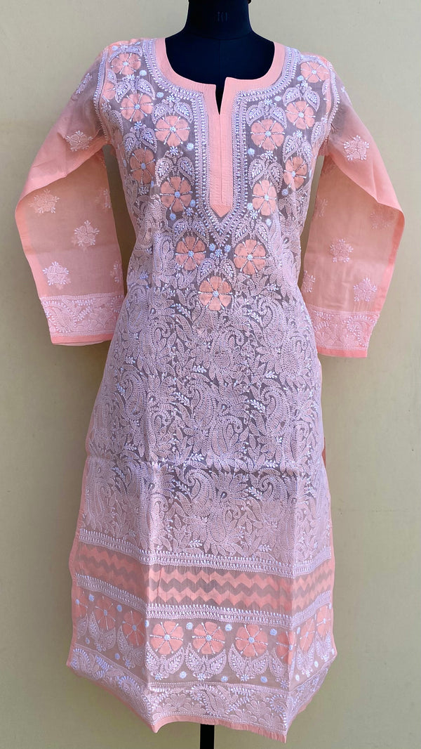 Lucknowi Chikankari Kurti Peach Cotton With Applique Work