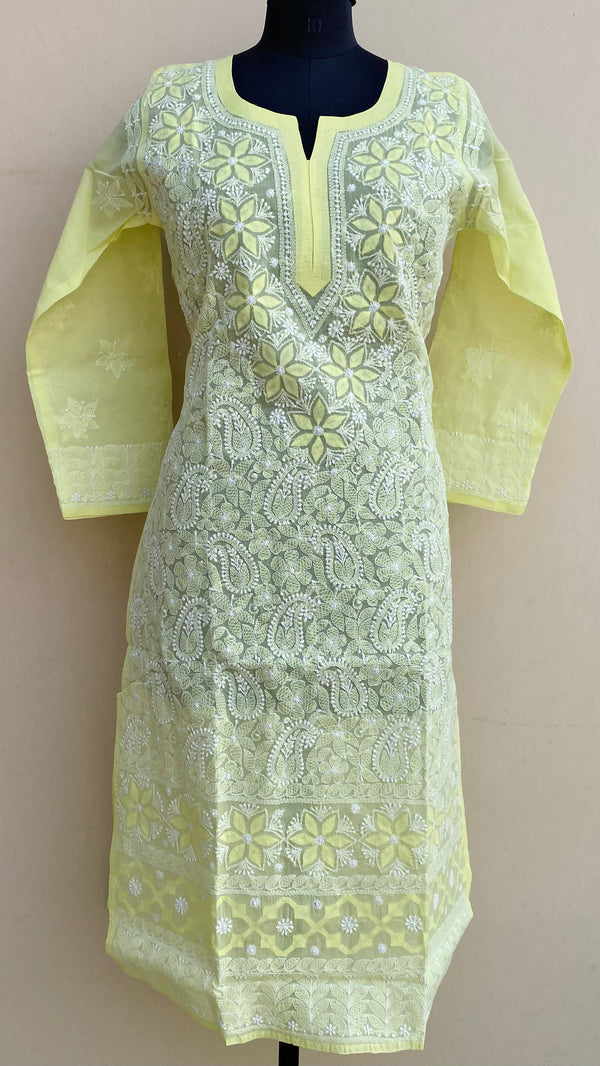 Lucknowi Chikankari Kurti Lemon Yellow Cotton With Applique Work