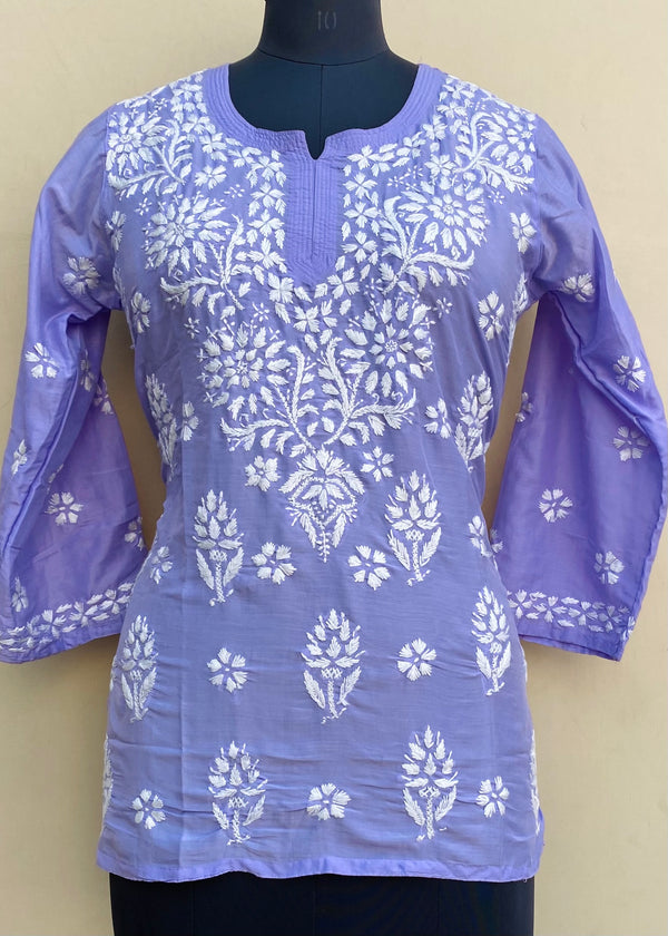 Lucknowi Chikankari Short Kurti Purple Muslin Cotton