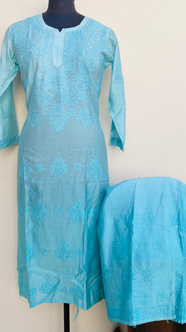 Lucknowi Chikankari Co-ord Set Blue Mal Chanderi