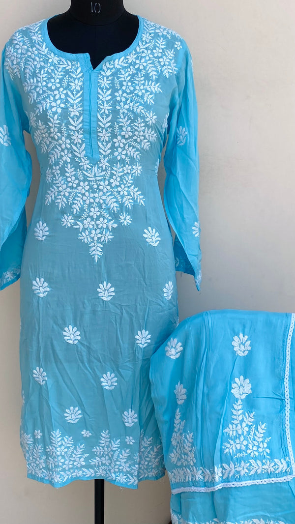 Lucknowi Chikankari Co-ord Set Blue Muslin Cotton