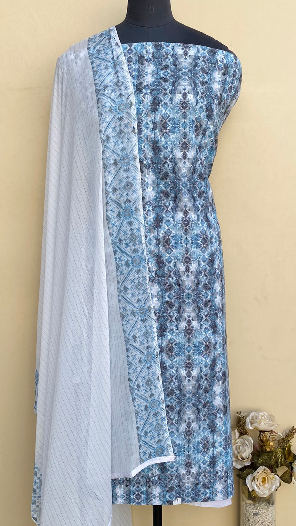 Designer Embroidered Suit Length 3 Piece Blue Mal Cotton