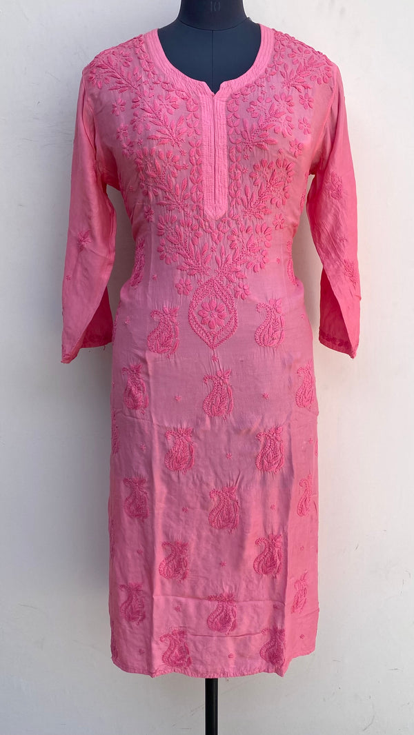 Lucknowi Chikankari Kurti Pink Muslin Cotton With Self 3D Work