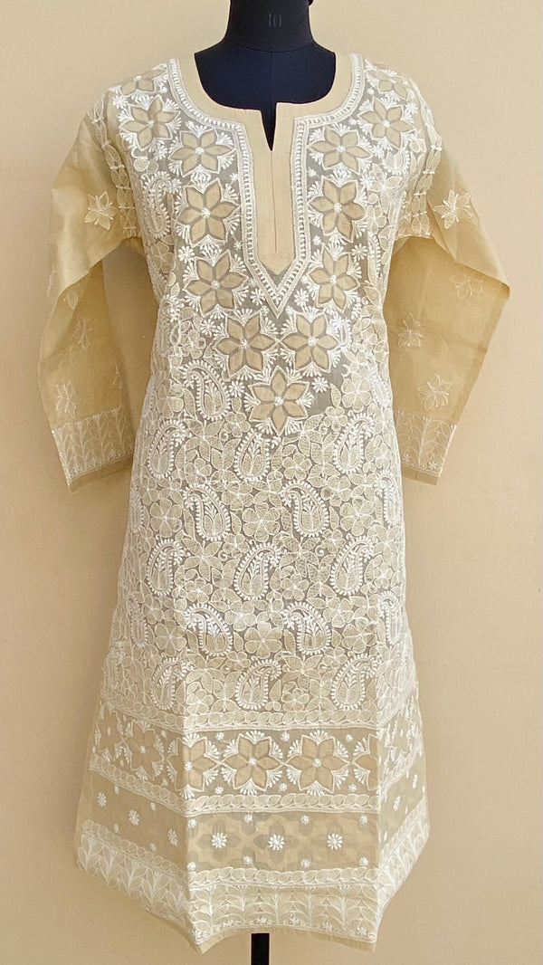 Lucknowi Chikankari Kurti Beige Cotton With Applique Work