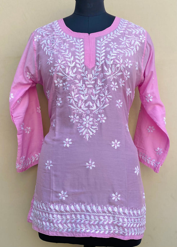 Lucknowi Chikankari Short Kurti Pink Muslin Cotton