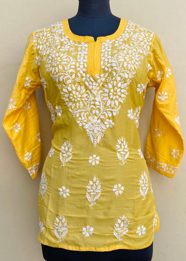 Lucknowi Chikankari Short Kurti Yellow Muslin Cotton