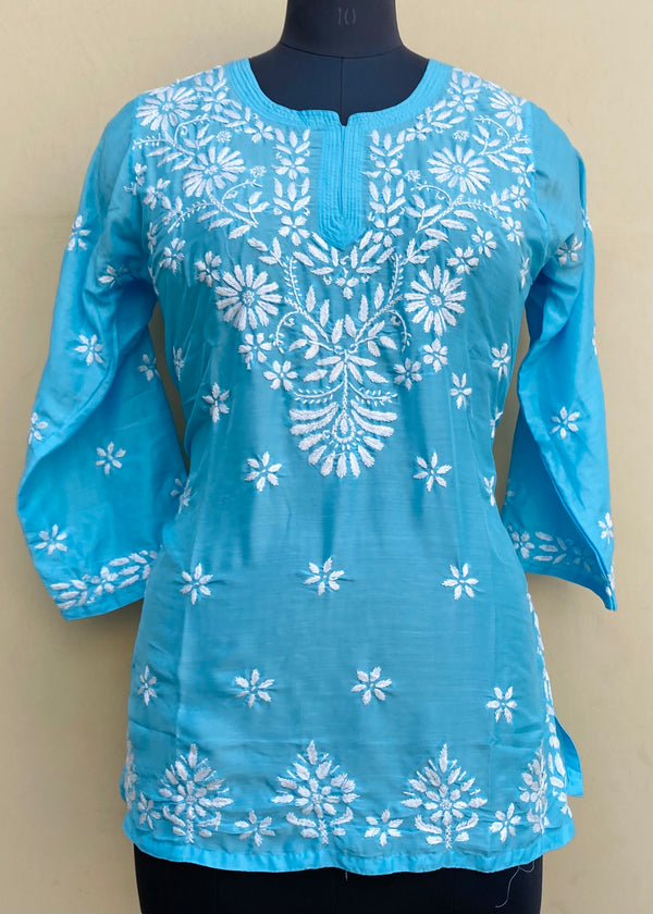 Lucknowi Chikankari Short Kurti Blue Muslin Cotton