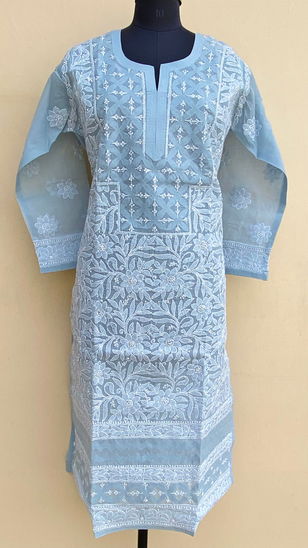 Lucknowi Chikankari Kurti Gray Cotton With Applique Work